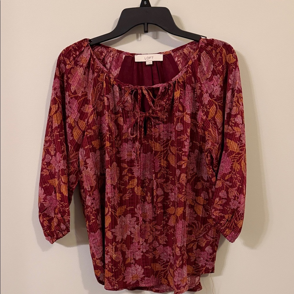 LOFT Burgundy and Pink Floral Blouse
